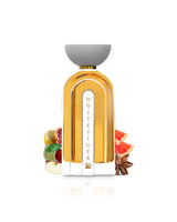 ahmed al maghribi white tiger perfume bottle surrounded by fragrance notes like star anise and fruits shows against white background
