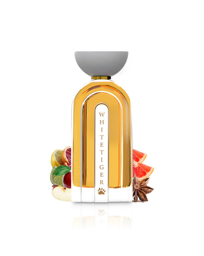 ahmed al maghribi white tiger perfume bottle surrounded by fragrance notes like star anise and fruits shows against white background