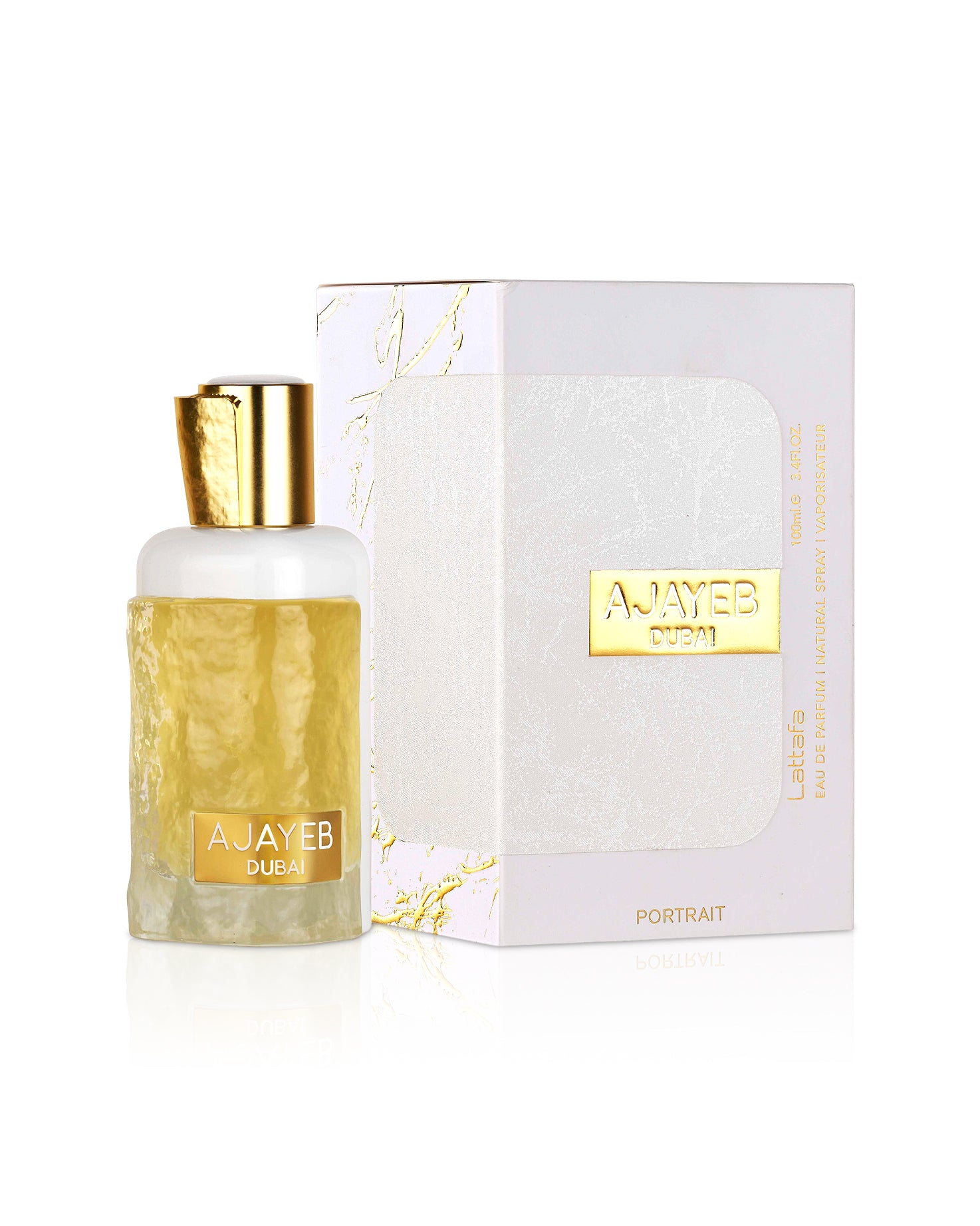 ajayeb dubai portrait gold by lattafa perfume bottle shows beside its box against white background