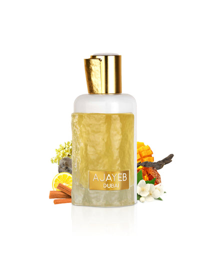 ajayeb dubai portrait gold by lattafa perfume bottle surrounded with its ingredients like mango and jasmine with many others shows from behind the bottle against white background