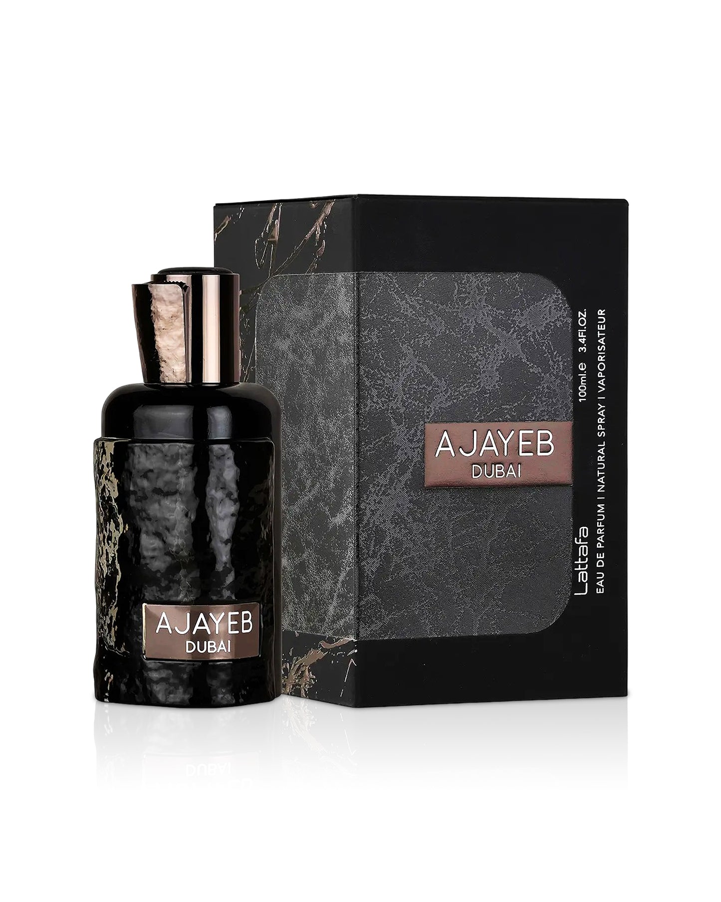 ajayeb dubai potrait black by lattafa perfume bottle shows beside its box against white background