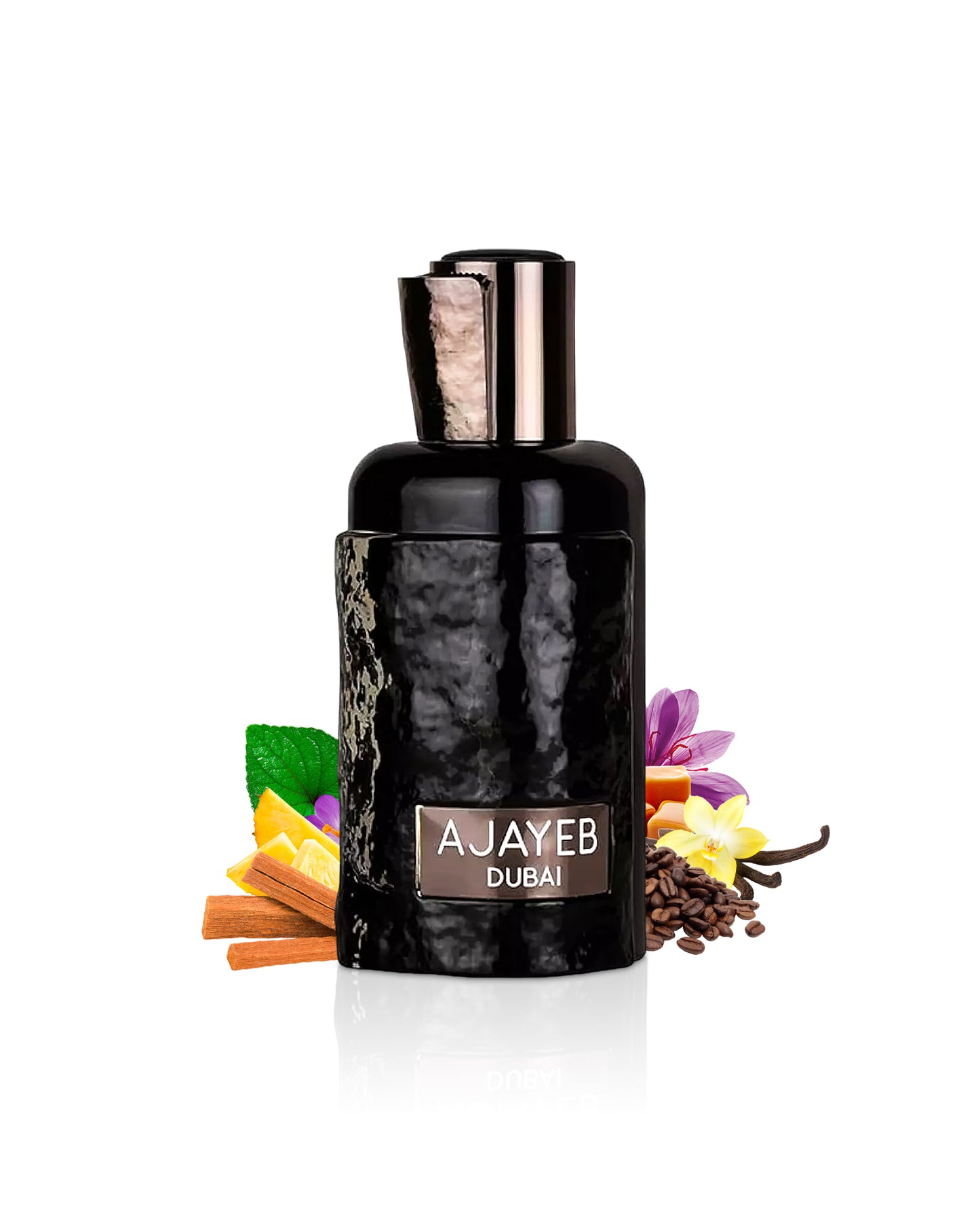 ajayeb dubai potrait black by lattafa perfume bottle surrounded with its ingredients like ananas and saffron with many others shows from behind the bottle against white background