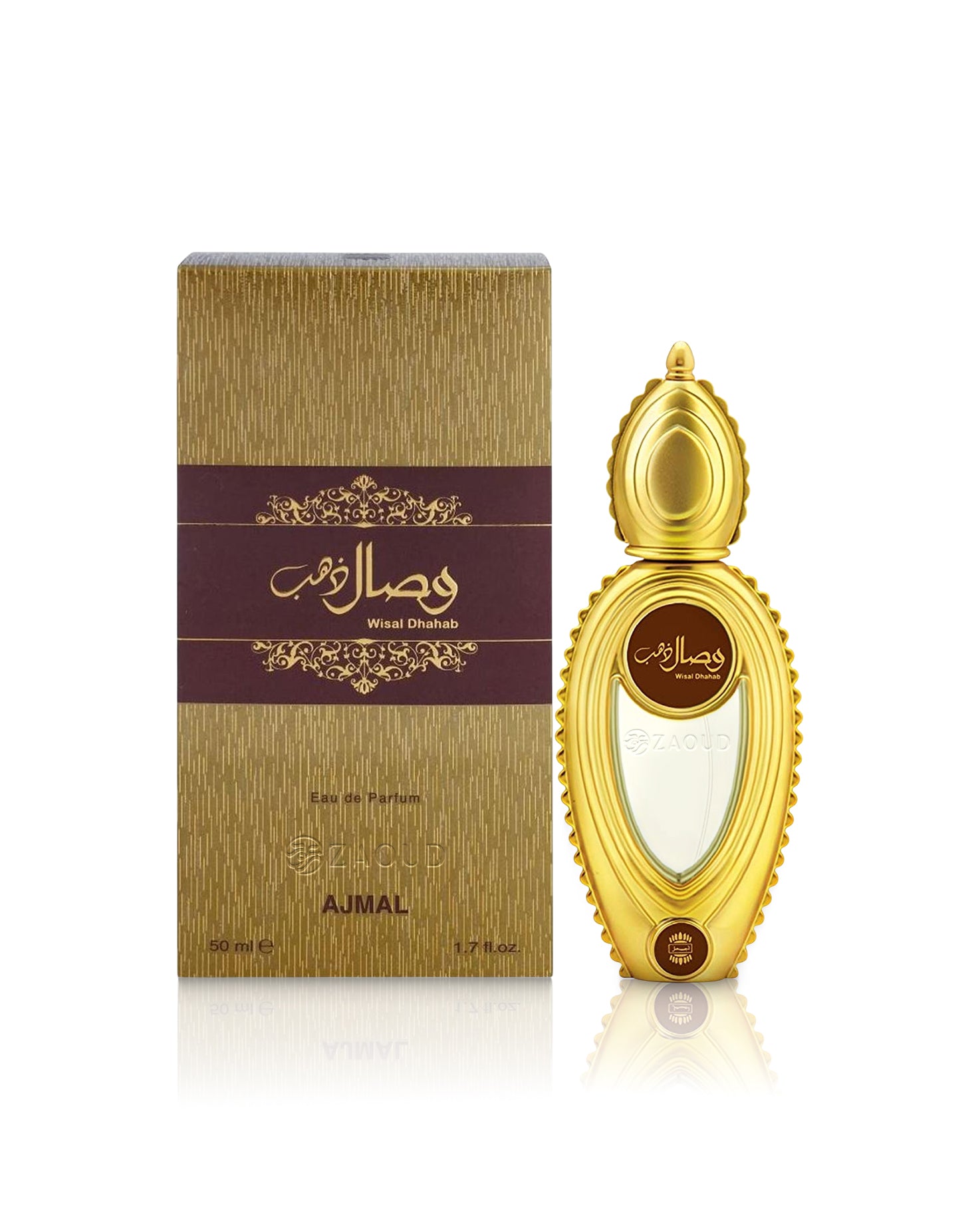 A bottle of Ajmal wisal dhahab perfume next to its textured gold and dark purple box, displayed on a clean white background with a soft reflection.