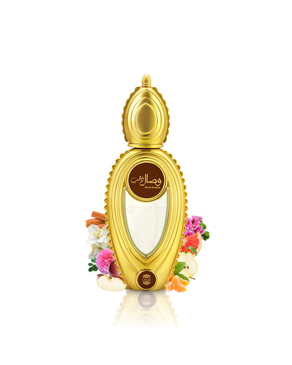 ajmal wisal dhahab perfume bottle surrounded with fragrance notes like apple and rose shows against white background
