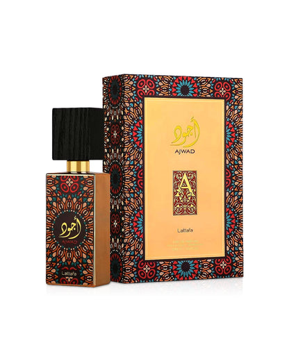 ajwad by lattafa perfumes bottle shows beside its box against white background