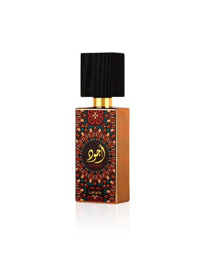 ajwad by lattafa perfume bottle shows against white background