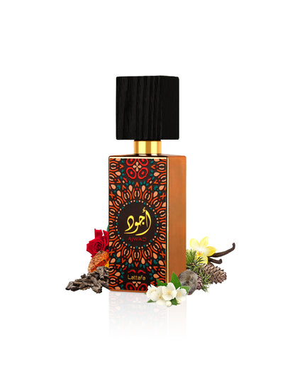 ajwad by lattafa perfume bottle surrounded with its ingredients like rose and vanilla with many others shows from behind the bottle against white background