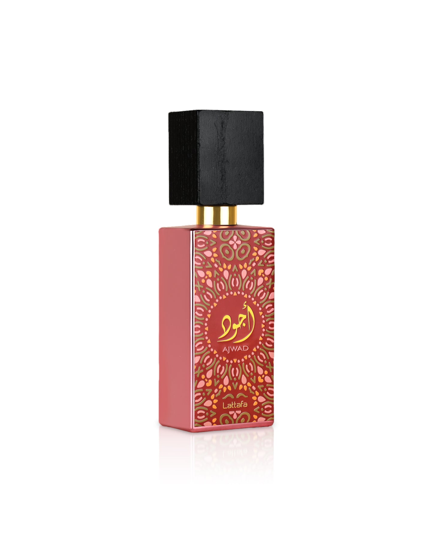 ajwad pink by lattafa perfume bottle shows against white background