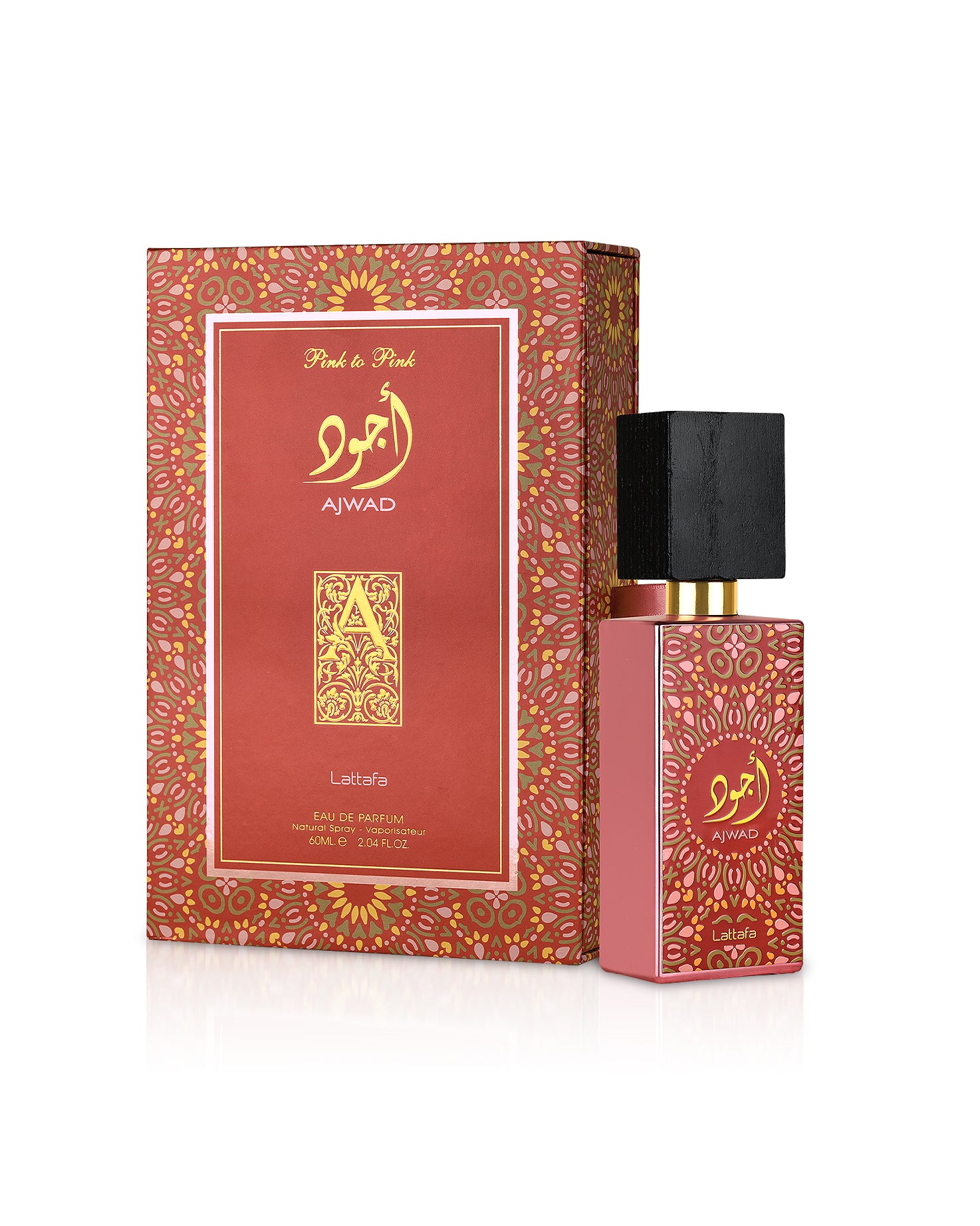 ajwad pink by lattafa perfume bottle shows beside its box against white background