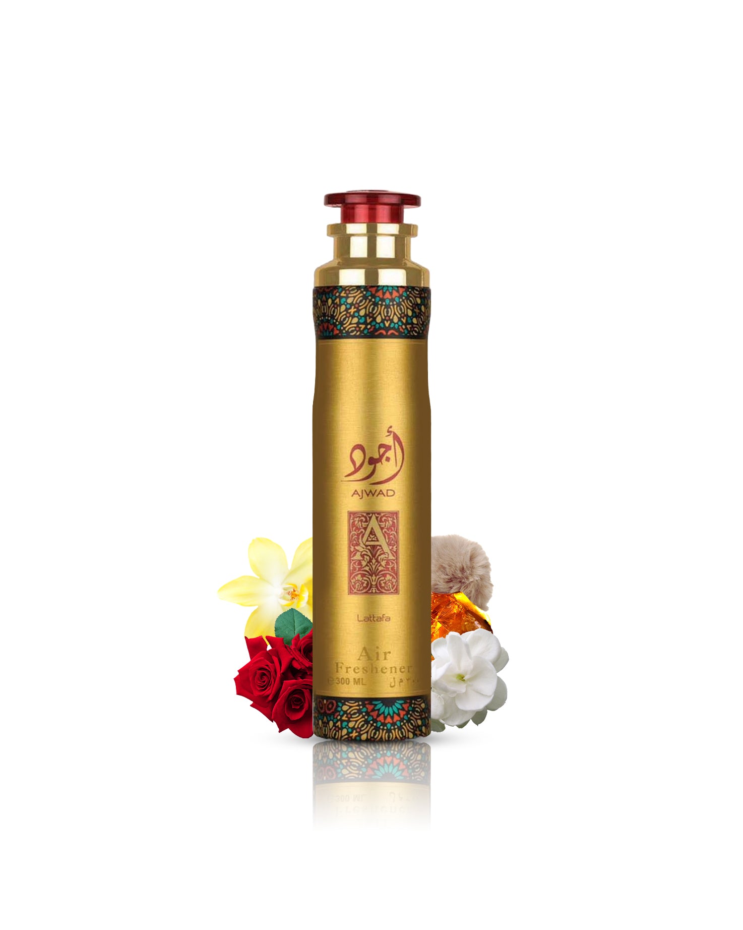 ajwad AIR FRESHNER BOTTLE surrounded by rose vanilla against white background