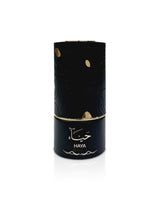 al absar haya Black cylindrical product with gold accents and 'HAYA' branding on a white background