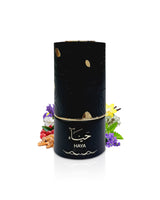 al absar haya Black cylindrical container with gold accents and 'Haya' branding on a white background with floral elements.
