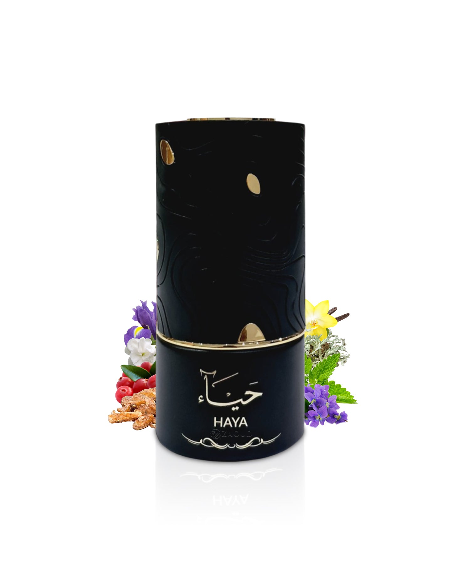 al absar haya Black cylindrical container with gold accents and 'Haya' branding on a white background with floral elements.