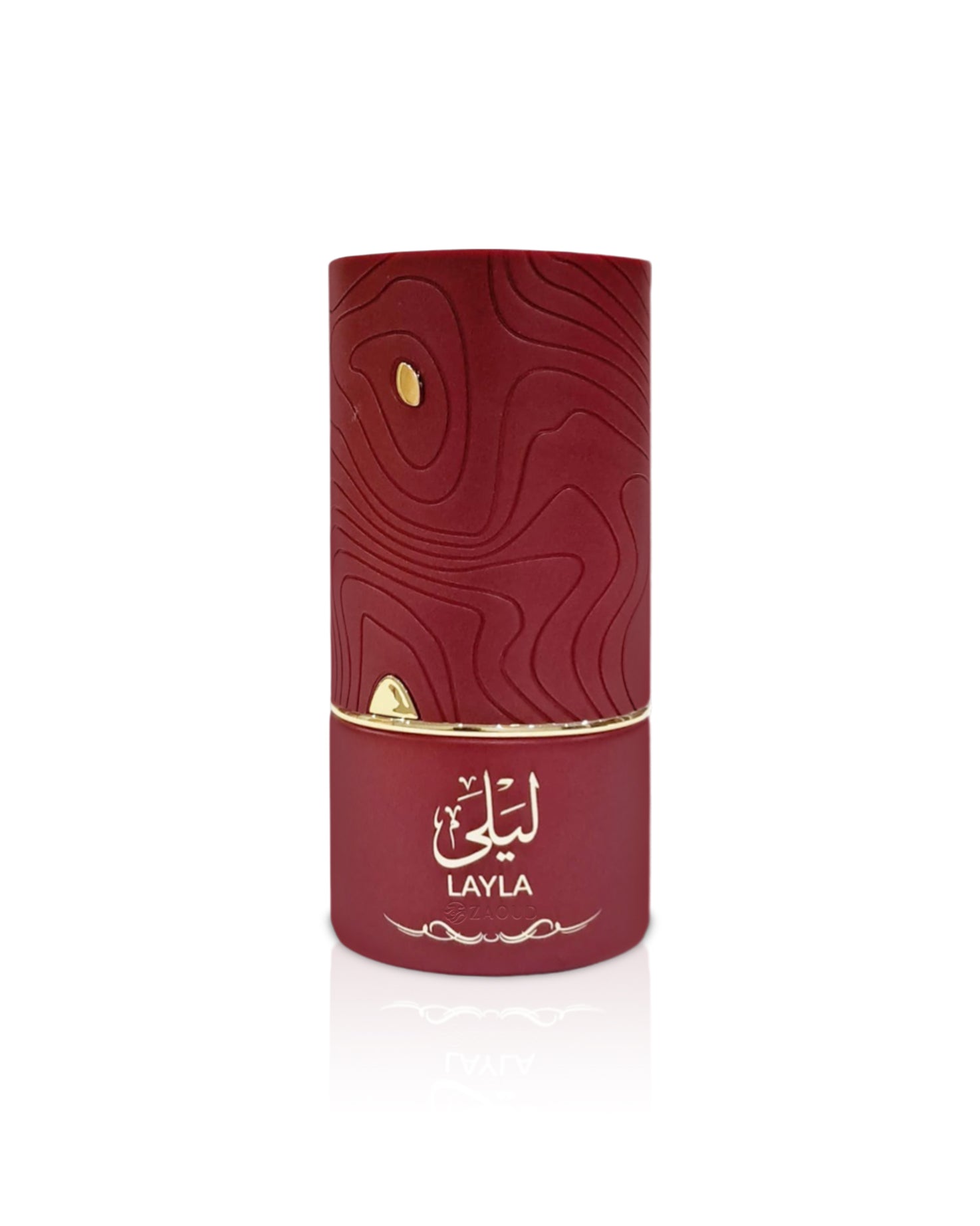 al absar lyla Red cylindrical perfume bottle with gold accents on a white background