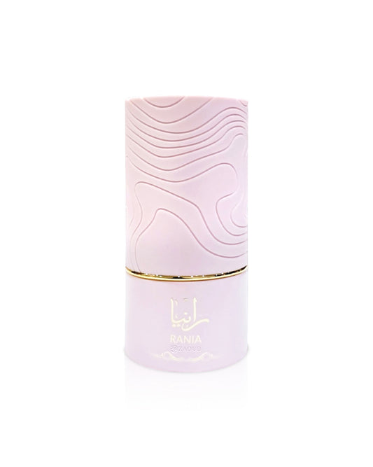 al absar rania Pink cylindrical container with gold accents on a white background