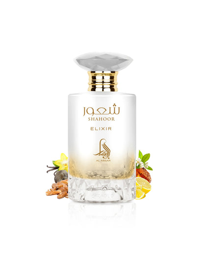al absar Perfume bottle labeled 'Shahoor Elixir' with decorative elements like lemon and amber on a white background