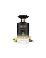 al absar Perfume bottle surrounded by fragrance notes like caffee and vanilla  labeled 'Shahoor Intense' on a white background