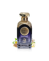al absar divine samaa perfume bottle surrounded with fragrance notes like pear and frangopani shows against white background