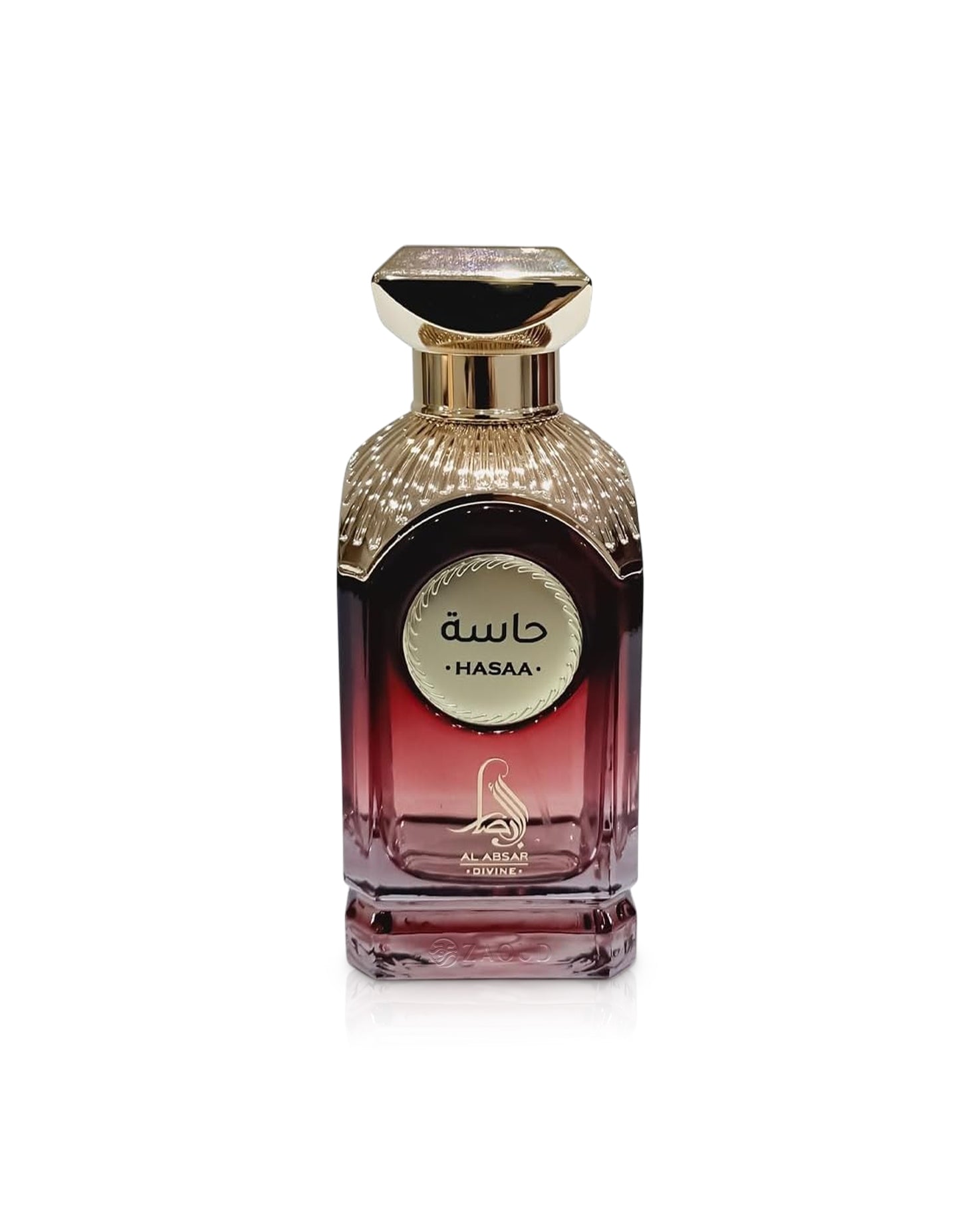 al absar hasaa Perfume bottle with gold cap and red base on a white background