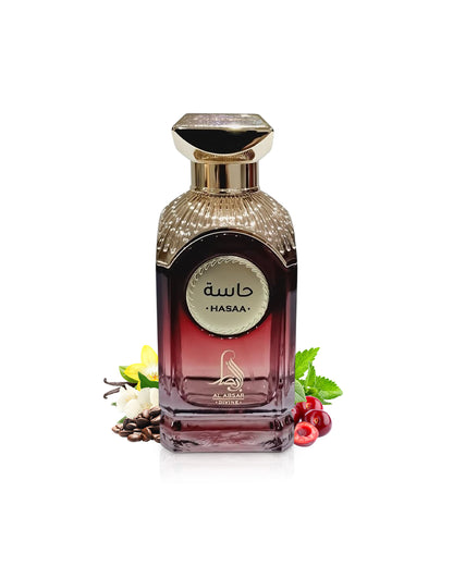 al absar hasaa Perfume bottle with decorative design like cherry and coffee on a white background