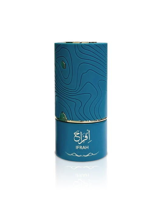 al absar ifrah Blue cylindrical container with gold accents and 'Ifrah' branding on a white background