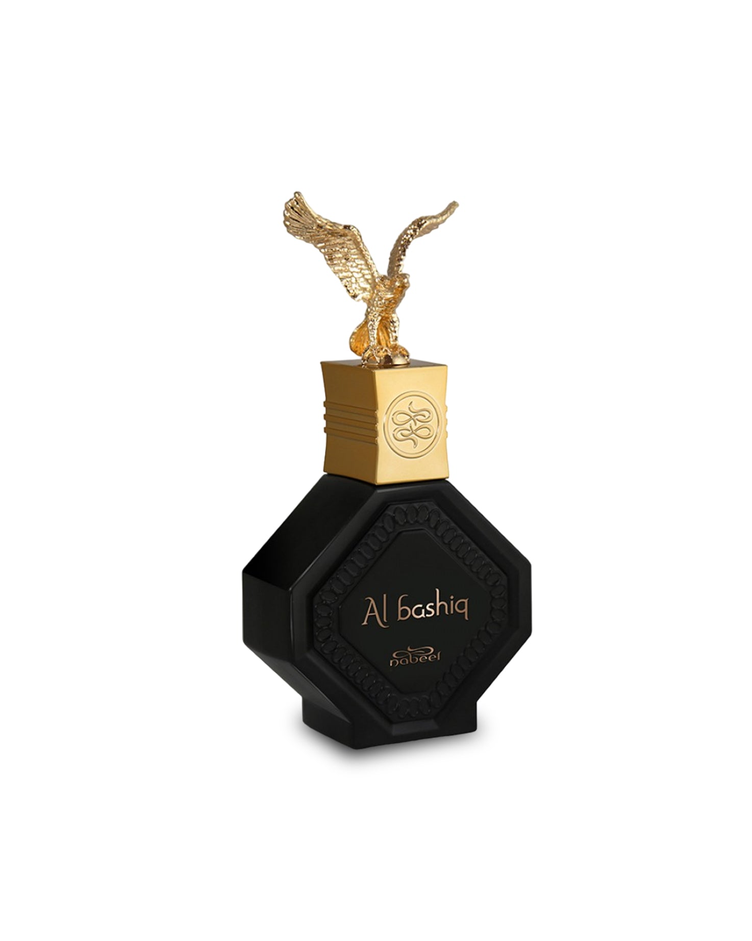 al basiq perfume bottle black colour with falcon statue over bottle cap