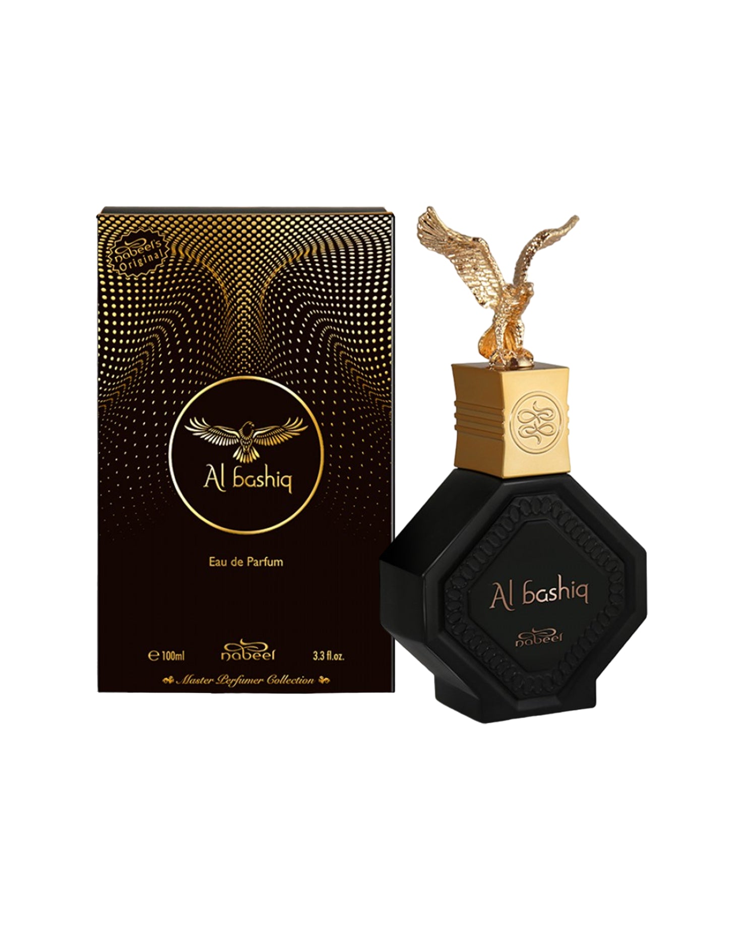 al bahiq by nabeel perfume bottle with paper box against white back ground