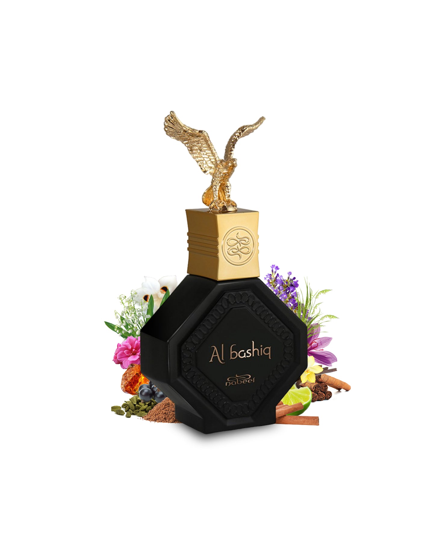 al bashiq perfume bottle by nabeel surrounded with its ingredients like oud saffron and lemon showing from behind black colour bottle