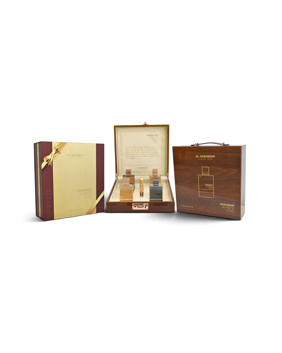 al haramain amber oud collection gift set, featuring a dark wood carrying case, an open wooden case displaying three miniature bottles, and a separate gold and burgundy outer box, all on a white background.