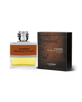 al haramain khulasat al oud perfume bottle shows beside its packaging against white background