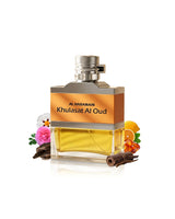 al haramain khulasat al oud perfume bottle surrounded by fragrance notes like leather and oud  shows against white background