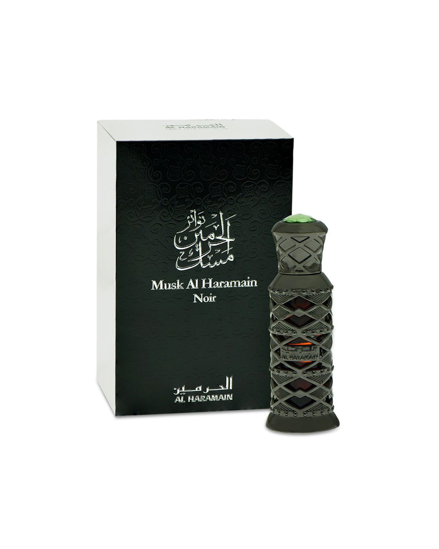 al haramain musk noir perfume oil bottle shows beside its box against white background