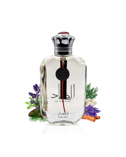 al sayaad edp by ard al zaafaran perfume bottle surrounded with its ingredients like black current and lavender with many others shows from behind the botttle against white background