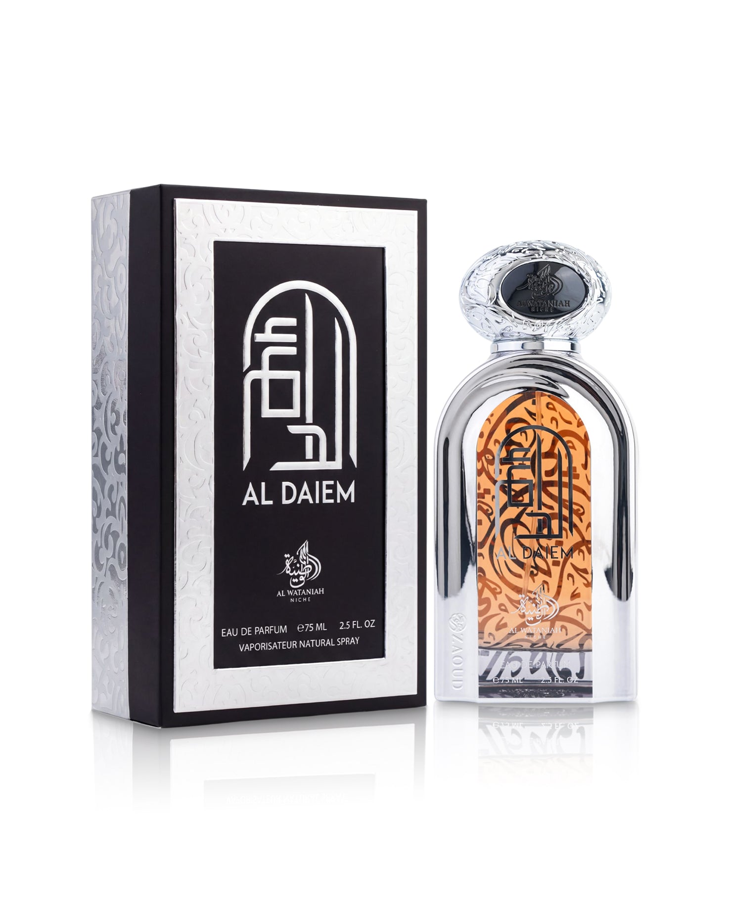 Al wataniah al daiem perfume bottle shows beside packaging against white background