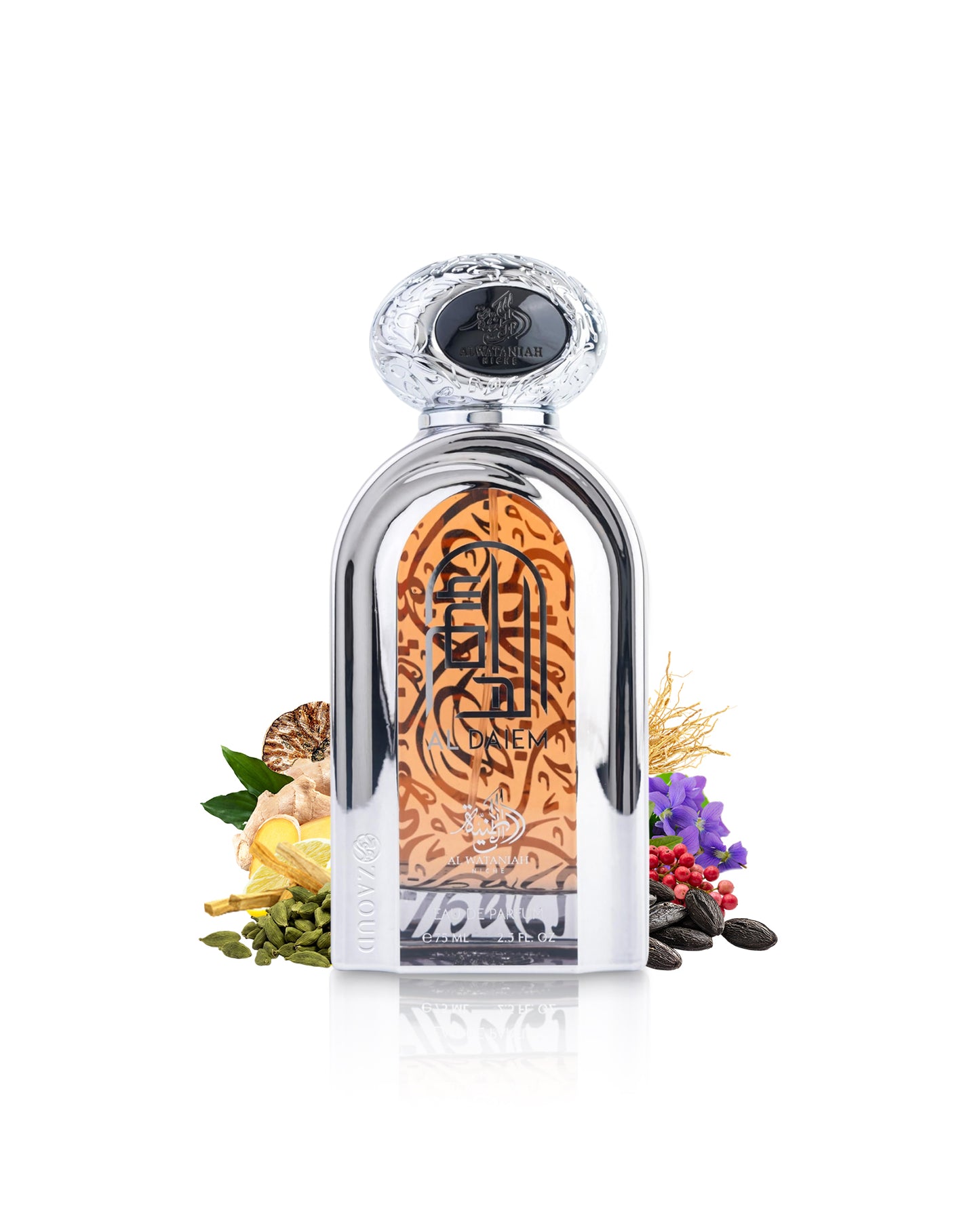 Al wataniah al daiem perfume bottle surrounded with fragrance notes like cardamom and tonka shows against white background