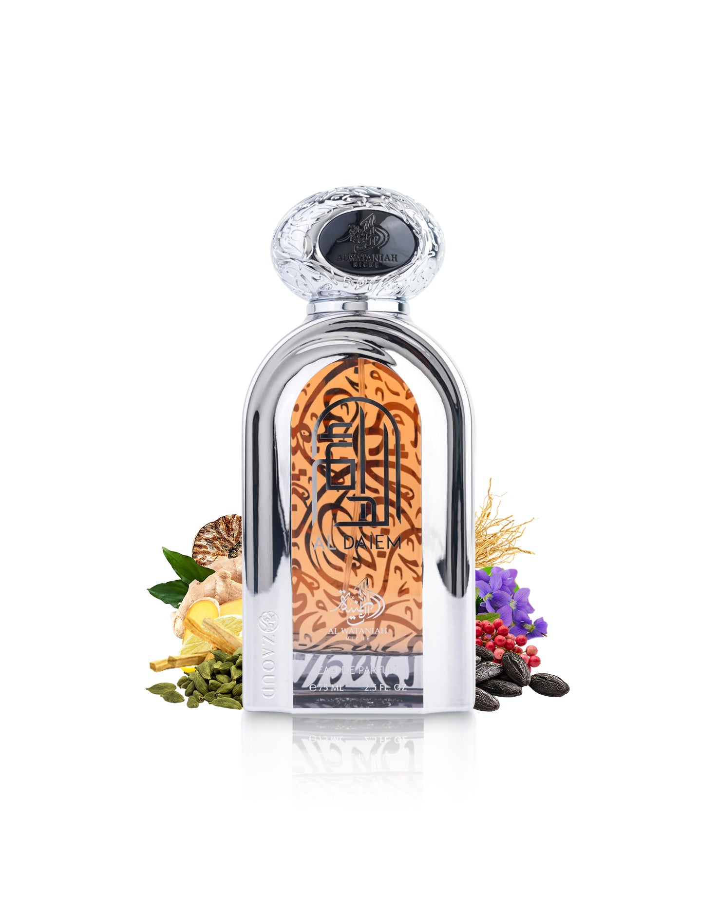 Al wataniah al daiem perfume bottle surrounded with fragrance notes like cardamom and tonka shows against white background
