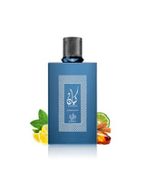 al wataniah kayaan mignight perfume bottle surrounded with fragrance notes like lemon and mint shows against white background