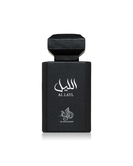 AL WATANIAH Black perfume bottle labeled 'Al Layl' by Al Waseehah on a white background