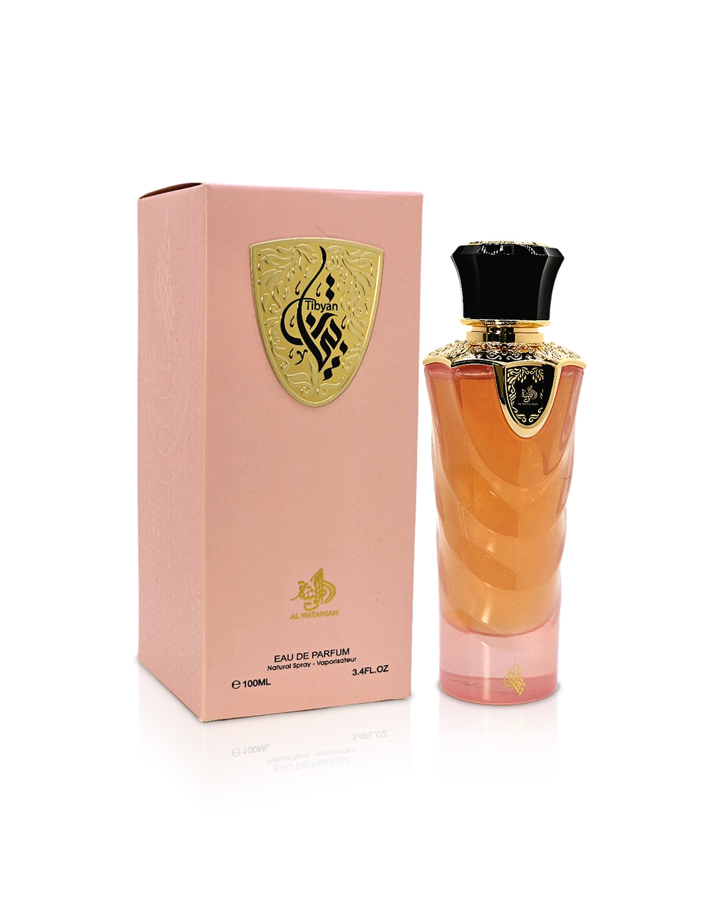 al wataniah tibyan perfume bottle shows beside its box against white background