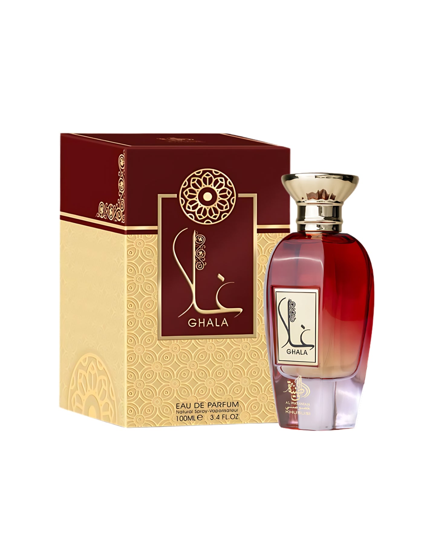 al wataniah ghala perfume bottle and box against white background