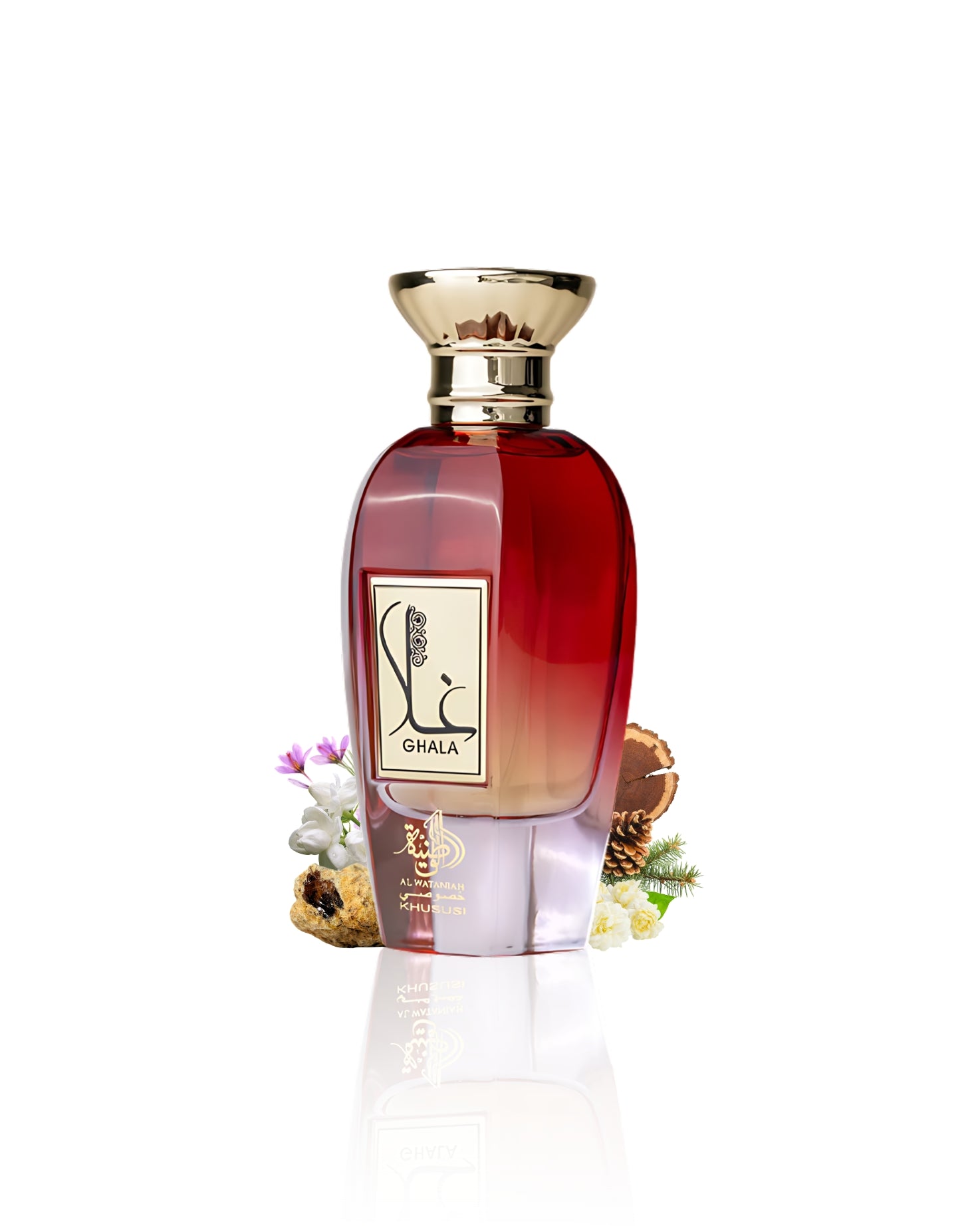 al wataniah ghala perfume bottle surrounded by ambergriss saffron against white background