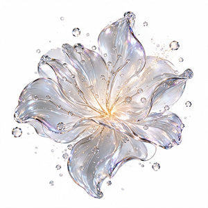 A translucent iridescent flower-shaped aldehydes with layered petals, small clear bubble details, and a glowing warm center on a plain white background.