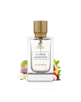 alhambra flower addiction perfume bottle surrounded with fragrance notes like lychee and jasmine against white background