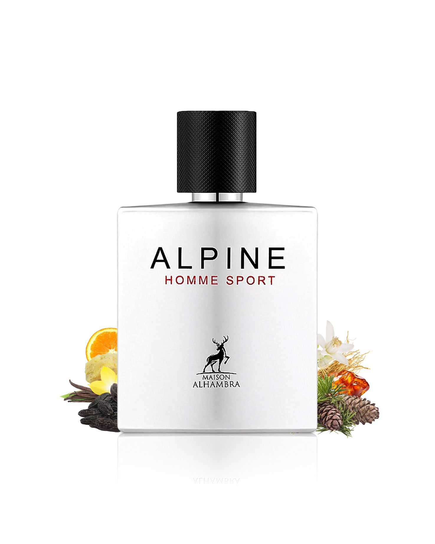 alpine homme sport by maison alhambra perfume bottle surrounded with its ingredients like amber and tonka bean with many others shows from behind the bottle against white background