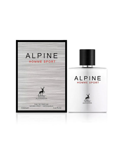 alpine homme sport by maison alhambra perfume bottle shows beside its box  against white background