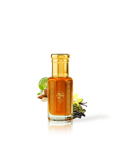 altanur perfume oil bottle surrounded with fragrance notes like tonka and vanilla from behind the bottle against white background