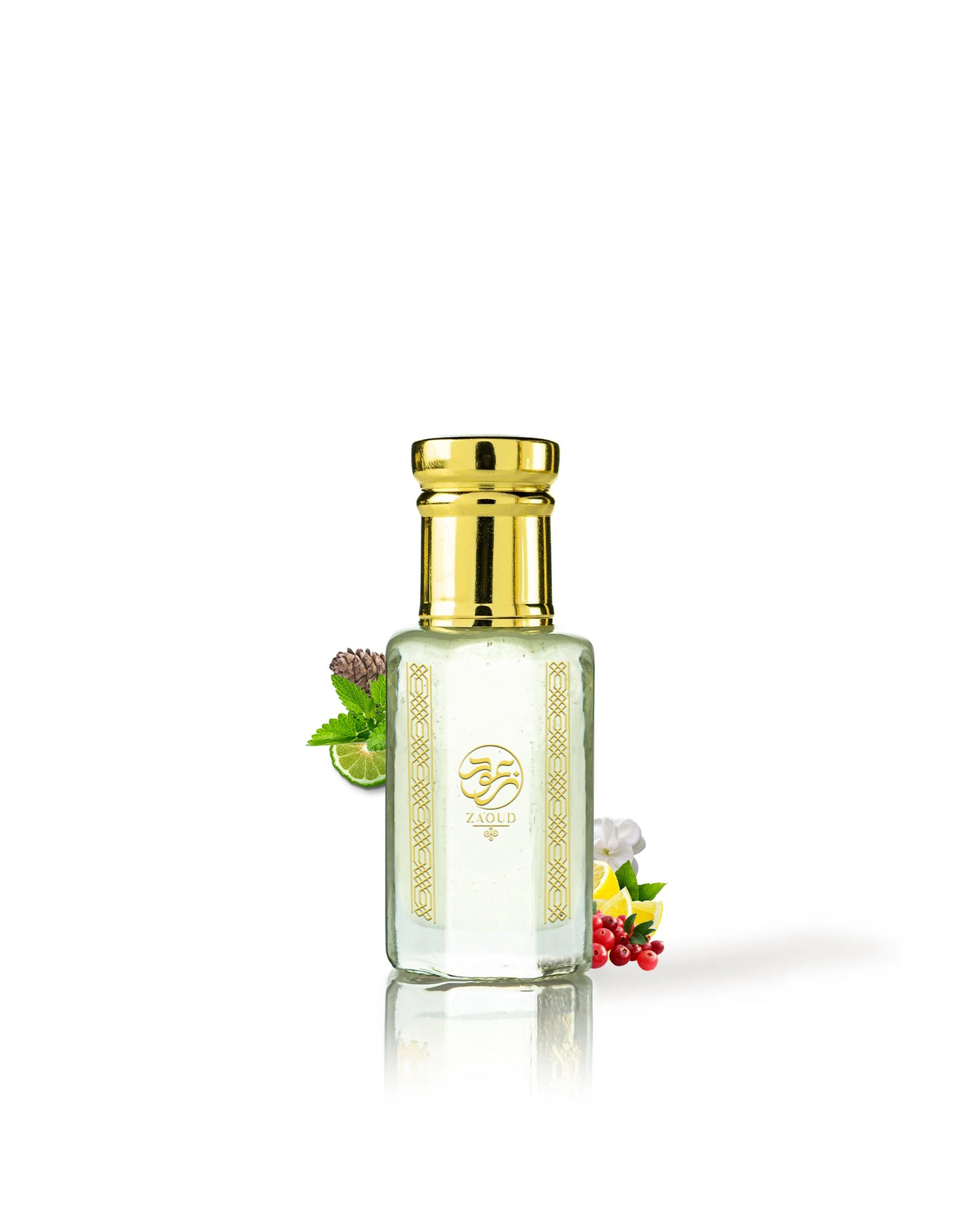 altus aventus perfume oil bottle surrounded with fragrance notes like citrus and jasmine shows from behind the bottle against white background