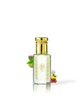 altus perfume oil bottle surrounded with fragrance notes like citrus and jasmine shows from behind the bottle against white background
