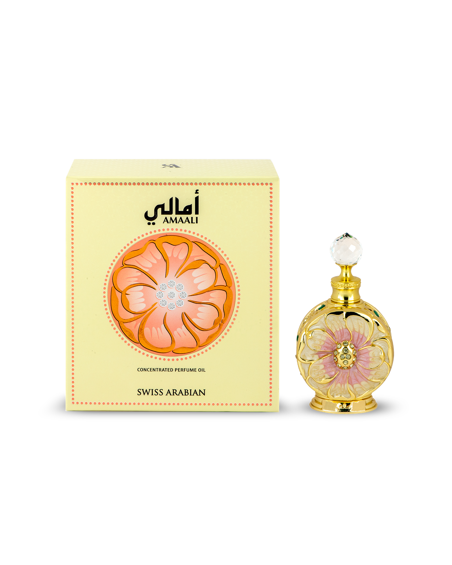 amaali by swiss arabian perfume oil bottle shows beside its box against white background