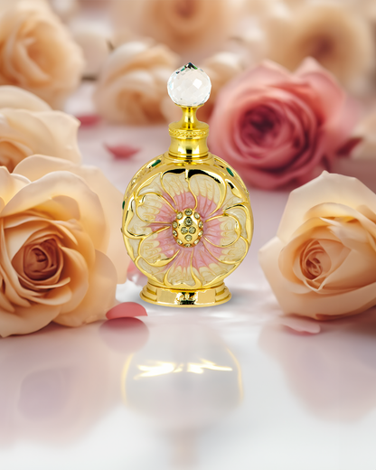 amaali by swiss arabian perfume oil bottle photograph over reflected surface around roses